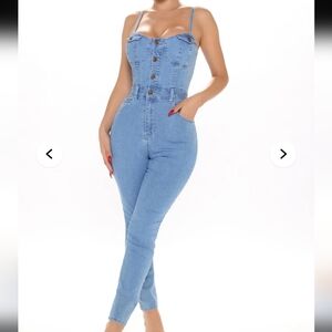 Fashion Nova Blue Denim Button  Jumpsuit Size Large